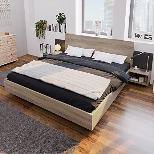 Oxtao Doppelbett 160x200cm, Schlafzimmer Komplett, Holzbett Bettanlage mit 2 Nachtkommoden, Modernes Bett inkl. 2 Nachttischen, Set in Eiche Sonoma/Dunkelgrau