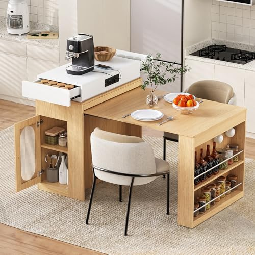 YuQozii Mesa de Comedor Extensible con Ruedas, Isla de Cocina con Tablero Plegable, Mesa de Bar con Regletas y Ganchos, Sirve como Aparador o Mesa de Bar para Cocina y Comedor (Blanco, Naturaleza)