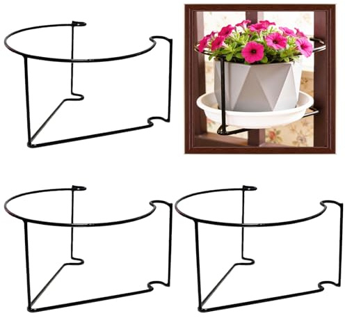 BRGD 3 Piezas Soporte Maceta Colgante de Barandilla, Negro Soporte Flores Redondo Gancho para Jardín, Balcón, Macetero de Exterior y Pared