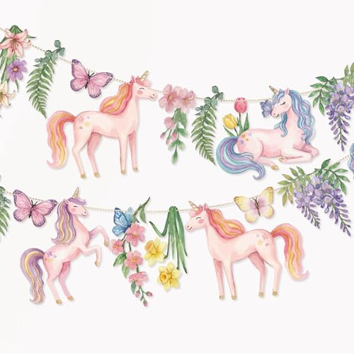 EASY JOY 2Pcs Unicorn Party Decorations Unicorn Paper Flower Garland Wildflower Garland Banner Spring Summer Decor for Nursery Kids Room Baby Shower Garden Party Decorations Christening Gift Wedding