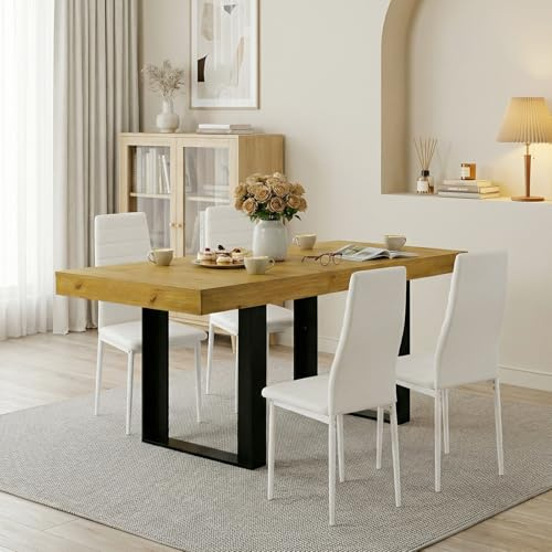 FURNITABLE Esstisch mit 4 Stühlen Essgrupp, 200cm Rechteckig Ausziehbar Tisch und Hochlehner Stuhl für 4 Personen Sitzgruppe für Küche Esszimmer Wohnzimmer,Büro(Tisch+4 Weiß Stühle)