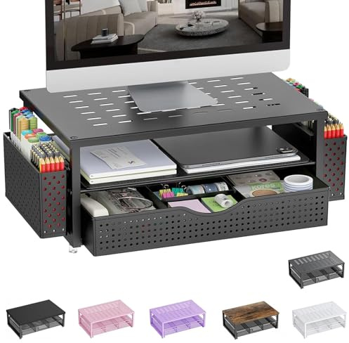 Pygocereri Monitorständer, Schreibtisch Organizer mit Schublade und 2 Stifthaltern, Monitor Erhöhung für Bildschirm und Laptop, ergonomischer Desktop Ständer für Büro Zubehör (Tinte)