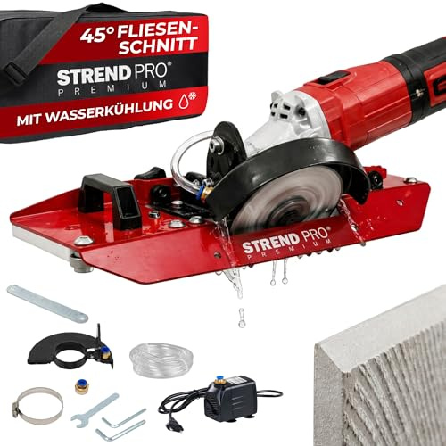 STREND PRO Führungsschlitten Winkelschleifer Slider 45° | Aufsatz Halterung für 115/125 mm | 45 Grad Fliesenschneider Gehrungsschneider | Nass- und Trockenschnitt mit Wasserpumpe & Absaugung