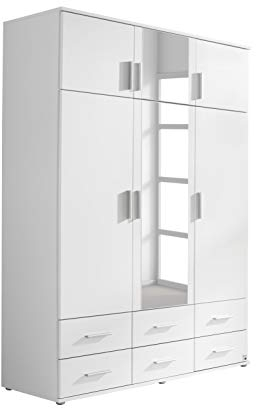 Rauch Möbel Kemi Schrank Drehtürenschrank Kleiderschrank in Weiß mit Spiegel und 6 Schubladen 6-türig, inklusive Zubehörpaket Basic 1 Kleiderstange, 3 Einlegeböden BxHxT 136 x 194 x 53 cm