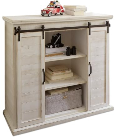 Loberon Kommode Perrin, antikweiß | Klassischer Landhaus-Stil, Dezente Eleganz, Dekorative Latten-Optik, Zwei Schiebetüren, Aufbewahrung, Kiefernholz, Eisen