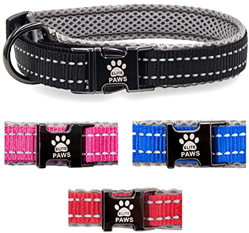Elite Paws® UK Padded Dog Collar, Metal Buckle (25-30cm, Black/Grey) | Strong Metal Buckle, Soft Padded Mesh, Reflective Stitching, Adjustable Secure Fit, For Puppy Walking & Training