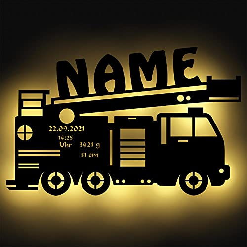 Namofactur Feuerwehr Kinder LED Lampe mit Namen personalisiert für das Kinderzimmer Wand-Nachtlicht I Batteriebetrieben