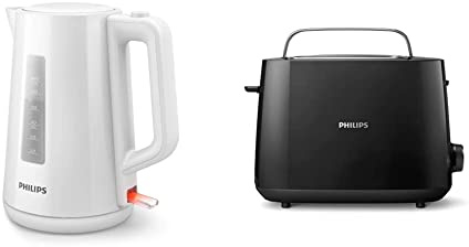 Philips HD9318/00 Wasserkocher Serie 3000, 1,7l, Federdeckel, LED-Anzeige, weiß & HD2581/90 Toaster, integrierter Brötchenaufsatz, 8 Bräunungsstufen, schwarz