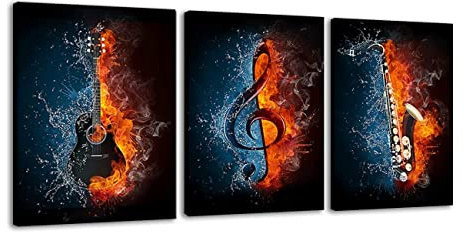 ZHONGYUTONG 3 Stück Musik Wand Kunstdruck Gerahmt Wasser und Feuer Instrumentenserie Bild Musiknote Gitarre Saxophon Poster Skandinavische Gemälde Moderne Wohnkultur (30x40cmx3 Stück)