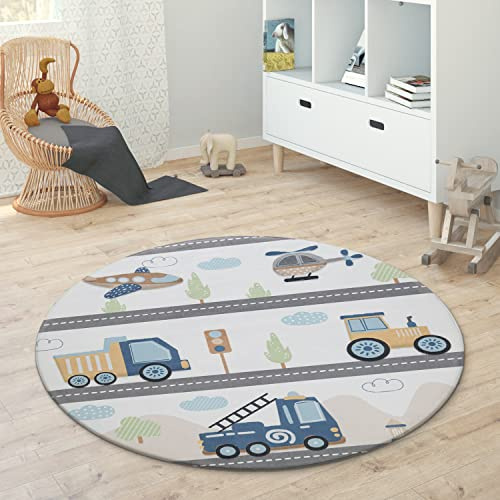 Paco Home Kinderteppich Teppich Rund Kinderzimmer Spielmatte Babymatte rutschfest Stern Mond Elefant Regenbogen, Grösse:Ø 80 cm Rund, Farbe:Bunt
