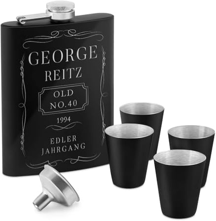 Maverton Flachmann Set 200 ml mit Gravur - Taschenflasche + 4 Schnapsgläsern 20 ml mit Trichter - Brustflasche für Männer - Farbe: mattschwarz - Alter
