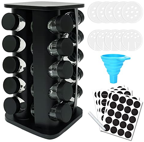 KALINCO Rotating Spice Rack, Spice Rack Organizer for Cabinet, Spice Rack with Jars(20-Jar), Revolving Spice Organizer, Spice Carousel Tower for Kitchen Black