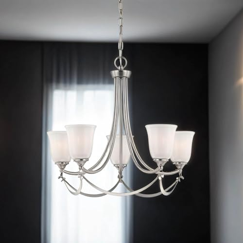 Licht-Erlebnisse Kronleuchter mit Schirm Glas Metall in Nickel Weiß für 5x E27 Pendelleuchte Esszimmer Wohnzimmer