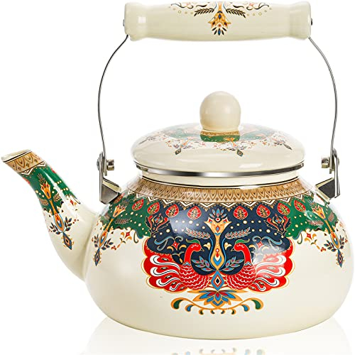 DEAYOU 2.6 Quart Enamel Tea Kettle Vintage, Large Porcelain Enameled Teakettle Stovetop, 2.5L Cute Tea Pot with Ceramic Cool Handle, Retro Steel Teapot for Hot Water, Christmas, No Whistling