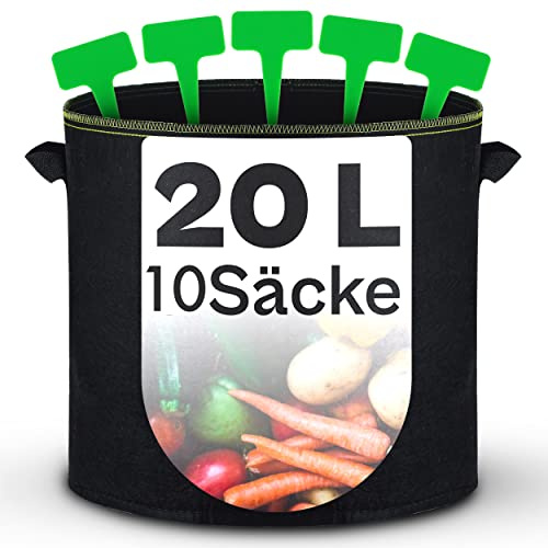 Praknu Pflanzsack 20l - 10 STK aus Vliesstoff mit Pflanzenschilder zum Beschriften Mit Griff - Für Kräuter, Blumen und Erdbeeren