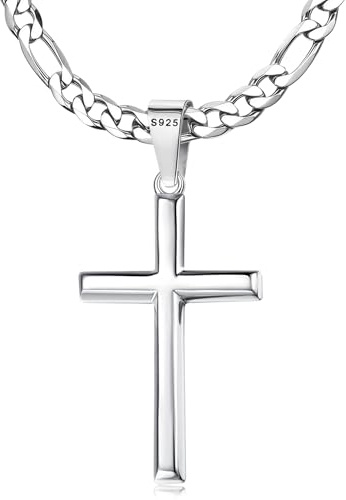 Roheafer Collar Colgante Cruz de Plata de Ley 925 para Hombre Mujer con Cadena Fígaro/Cadena Cubana de 5mm de Acero Inoxidable con Corte Diamante Cruz Collar 46-76 Centímetros