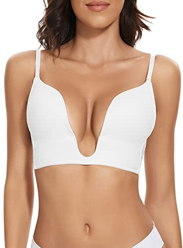 SEAGETTINO Soutien-gorge Plunge en U profond avec bonnets push-up sans armatures Multiway Soutien-gorge dos nu pour la robe dos nu, Blanc., 80D