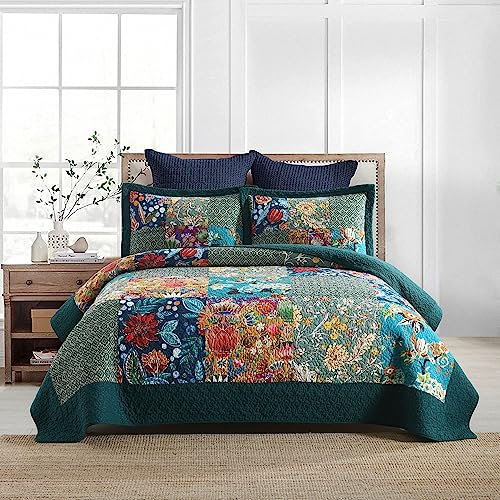 ENASAL Cotton Bedspread Quilt Sets Reversible Bedding Coverlet Sets Comforters, Patchwork Vintage Floral Turquoise Bedspread, King Size