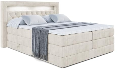 ALTDECOR Boxspringbett mit Matratze und Lattenrost, LED, Topper, Polsterbett mit Bettkasten, Bett mit Stauraum H3- und H4- Matratze, Doppelbett, Springboxbett - Noel Gold King - 180x200 - Beige Samt