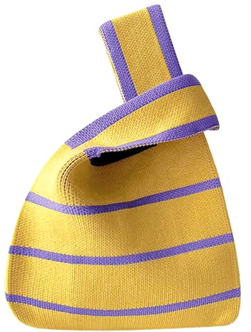 ANIMQUE Donne Uncinetto Borse a Mano con a Righe Motivo Sacchetti da Regalo Pieghevole Lavorato a Maglia Nodo a Manica Borsa Borse a Tracolla Portatile Borse Tote