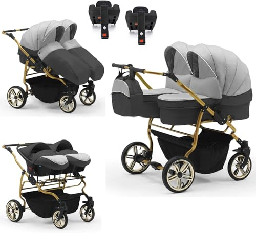 Zwillingskinderwagen 5 in 1 Duet Lux Goldedition inkl. Autositze und Iso Bases - 14 Teile - in 20 Farben