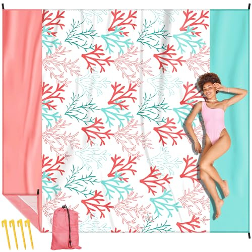 Rescien Couverture de Plage/Pique-Nique Super Grande 310 x 280 cm, Tapis de Plage sans Sable pour 6 à 8 Personnes, imperméable et Confortable, Nylon 210D, Pliable, Parfaite pour Les Voyages