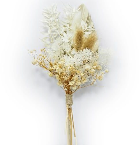 Bmeigo Natural Dried Flowers for Crafts Cakes, 5 Types Boho White Real Dried Flowers Leaves Set Palm Bunny Tail Million Star Everlasting Small Bouquet for Floral Decorations DIY Home Wedding Gifts