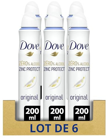 DOVE - Déodorant Femme Original Zinc Protect - Spray - 0% Alcool - 72h de protection anti-odeurs (lot de 6x200ml)
