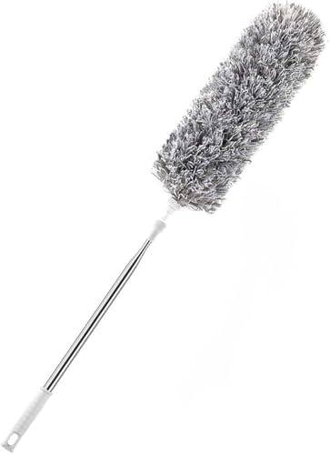 Extendable Feather Duster, Bendable Microfiber Duster with Extra Long Telescopic Extension Pole and Soft Silicone Cap, Washable Duster for Cleaning Roof, High Ceiling Fan, Blinds