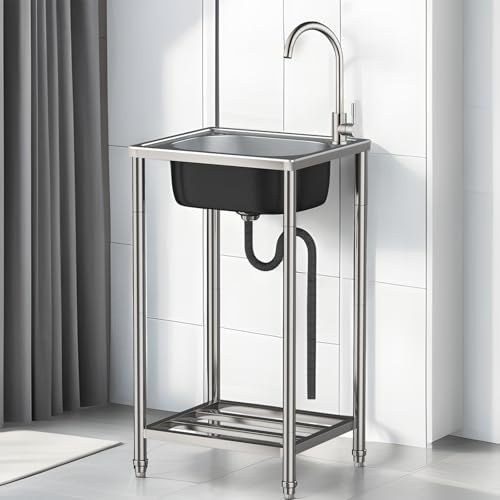 Lavello in Acciaio Inox autoportante,Lavello Cucina 1 Vasca per esterni Lavandino Camper con Rubinetto Lavelli Commerciale per Cucina, Ristorante,Caffè,Garage,Interno,Esterno 60cm