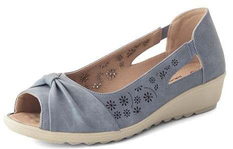 Cushion Walk Women's Extra Wide EEE Fit Sandals, Slip-On Peep Toe Low Wedge with Laser Cut Floral Pattern & Bow, Cushioned Insole Lightweight Summer Shoes