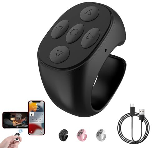 Drahtlose Bluetooth-Fernbedienung Per Fingertipp, Bluetooth Fernbedienung, Fingerspitzen Seitenwender Scrolling Ring Wiederaufladbares Selfie Kamera Fernauslöser für Handys und Tablets (Schwarz)