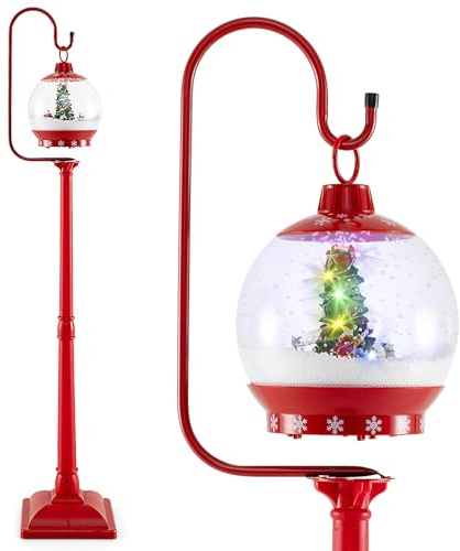 COSTWAY beleuchtete Weihnachtslaterne, 173cm rote Weihnachtsdeko mit Musik & geräuschaktiviertem Schneekugel, Weihnachtsdekoration, Weihnachtsbeleuchtung für Zuhause, Veranda