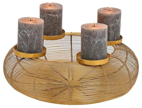 MACOSA GW10031543_Gold Adventskranz Gold Metall 38 cm modern Elegantes Adventsgesteck 4 Kerzenhalter Tisch-Dekoration Advent Weihnachtsdeko Metallkranz Drahtkranz (Silber) (Gold)