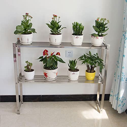 Support de Plantes en métal à 2 Niveaux pour Support de Fleurs d'intérieur et d'extérieur, étagère de présentation de Pots de Fleurs en Acier Inoxydable pour Jardin, Serre, Patio, Support d