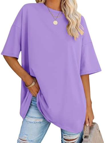 Rapbin Damen Oversized T-Shirt Kurzarm Bluse Rundhals Locker Tee Casual Sommer Top Oberteil（Hellviolett，M