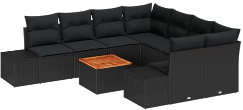 vidaXL Trädgårdsoffset med kudde 9 pcs Svart Poly rattan, Modulärt, modernt, trädgårdsoffa-set, hållbart, lätt, UV-beständiga material, utomhusmöbler för bakgården