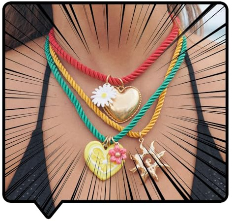 Doubnine Set di 3 collane estive a strati con corde colorate in corda, ciondoli a forma di cuore e sole, collana con ciondolo a forma di margherita, 35 cm, in metallo, cristallo, 14.0 Inches, Metallo