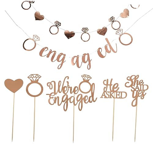 UKCOCO 2sets Engaged Cake Topper Gold Paper Banner Diamond Ring and Heart Design for Engagement Party Cake Decorations