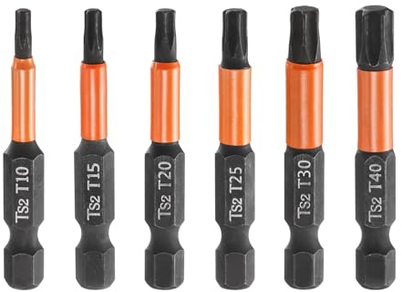 sourcing map Lot de 6 embouts de tournevis à tête Torx T10-T40 de 50 mm de long avec tige hexagonale magnétique sans trou inviolable 6 points en acier phosphate S2