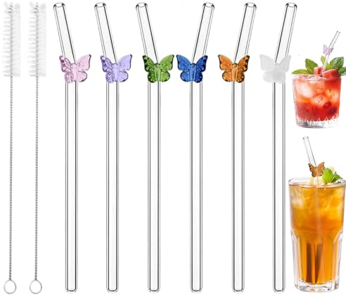 Lot de 6 pailles en verre réutilisables, incurvées, avec 2 brosses de nettoyage, pour smoothies, milkshakes, jus, thé (style 1)