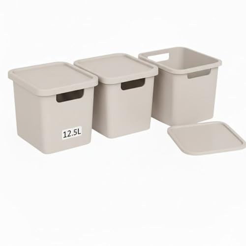 Plastard Aufbewahrungsbox mit Deckel 3er-Set 12,5 Liter in Beige | BPA-Freie Ordnungsbox für Küche, Bad, Büro, Kinderzimmer, Robuste Stapelbare Kunststoffbox, 32 x 22 x 25 cm, Ordnungskiste