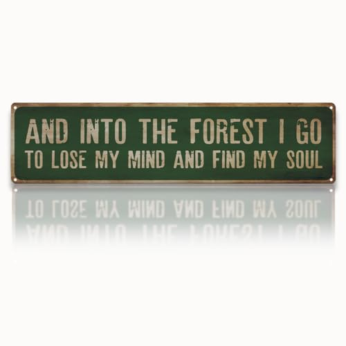 Garden Metal Tin Sign, Rustic Farmhouse Decor, And Into the Forest I Go Sign, Garden Wall Art for Yard Fence Door Porch, Nature Indoor Outdoor Decoration, 15.7 x 3.9 Inches