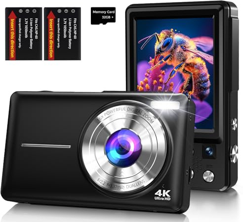 Fotocamera Digitale 4K 64MP Macchina Fotografica Digitale con Doppia Lente, Autofocus, Display IPS 2,8”, Zoom Digitale 16X, Antivibrazione, Due Batterie, Scheda 32GB per Adolescente, Principianti