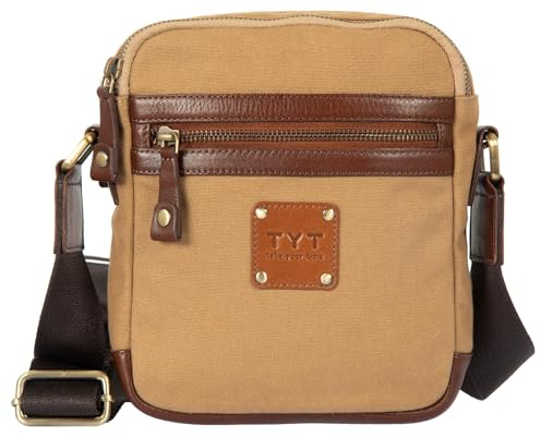 TYT Ponente, Borsa a Tracolla da Uomo, Compatta in Wax Canvas e Pelle, Shoulder Bag con Doppio Scomparto e Tasche con Zip, Tracolla Regolabile, 21x18x4 cm (Desert)