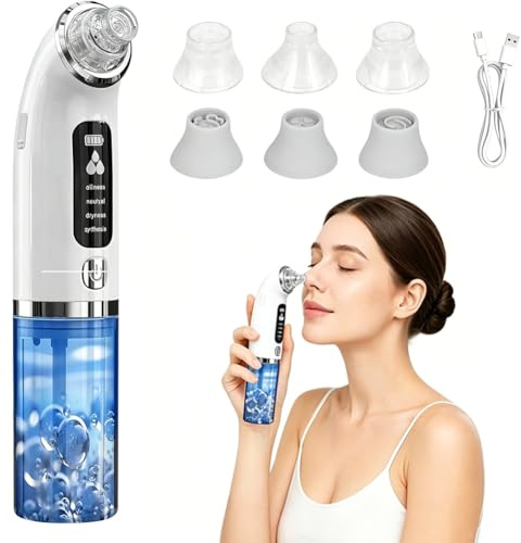 Extracteur de points noirs, nettoyeur de pores, 4 modes et 6 embouts, aspirateur de pores, réservoir d'eau visible, aspiration puissante de 75 kPa pour nettoyage du visage