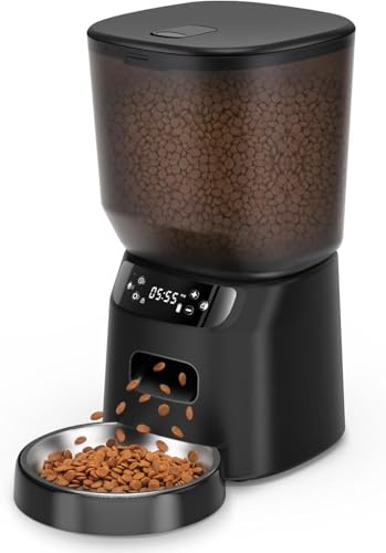 Automatic Cat Feeder 4L Cat Food Dispenser with Stainless Steel Bowl, Timed Portion Control 20 Portions 6 Meals Per Day, Voice Recorder, Dual Power Supply for Small Dogs (Black)