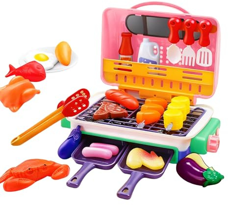 Kids BBQ Grill Playset with Steam Sound Light, Pretend Play Kitchen Cooking Set, 30+ Pcs Role Play Toy Barbecue Grill, Educational Play Food Accessories Gift for Boys Girls 3 Years Old and Up (Pink)