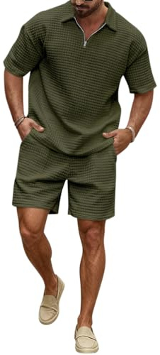 Oanviso Chándal de Hombre 2 Piezas Manga Corta T-Shirt Jogging Pantalones Cortos de Deporte Conjunto Chándals Verano Polos Camisetas + Conjuntos de Shorts B Ejercito Verde XXL