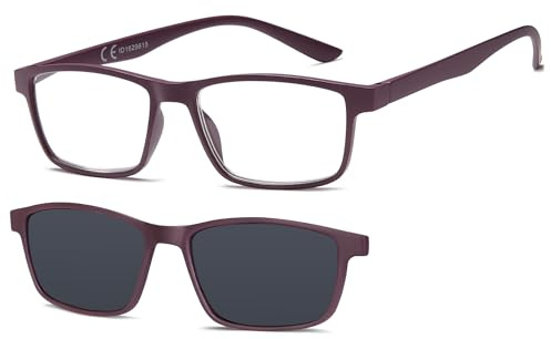 NEW VISION Lesebrille, Brille mit magnetischem Clip für Sonnenbrille, 100% UVA- und UVB-Schutz, NV8126 Clip-On-Lesebrille für Damen und Herren (viola, 3, x)